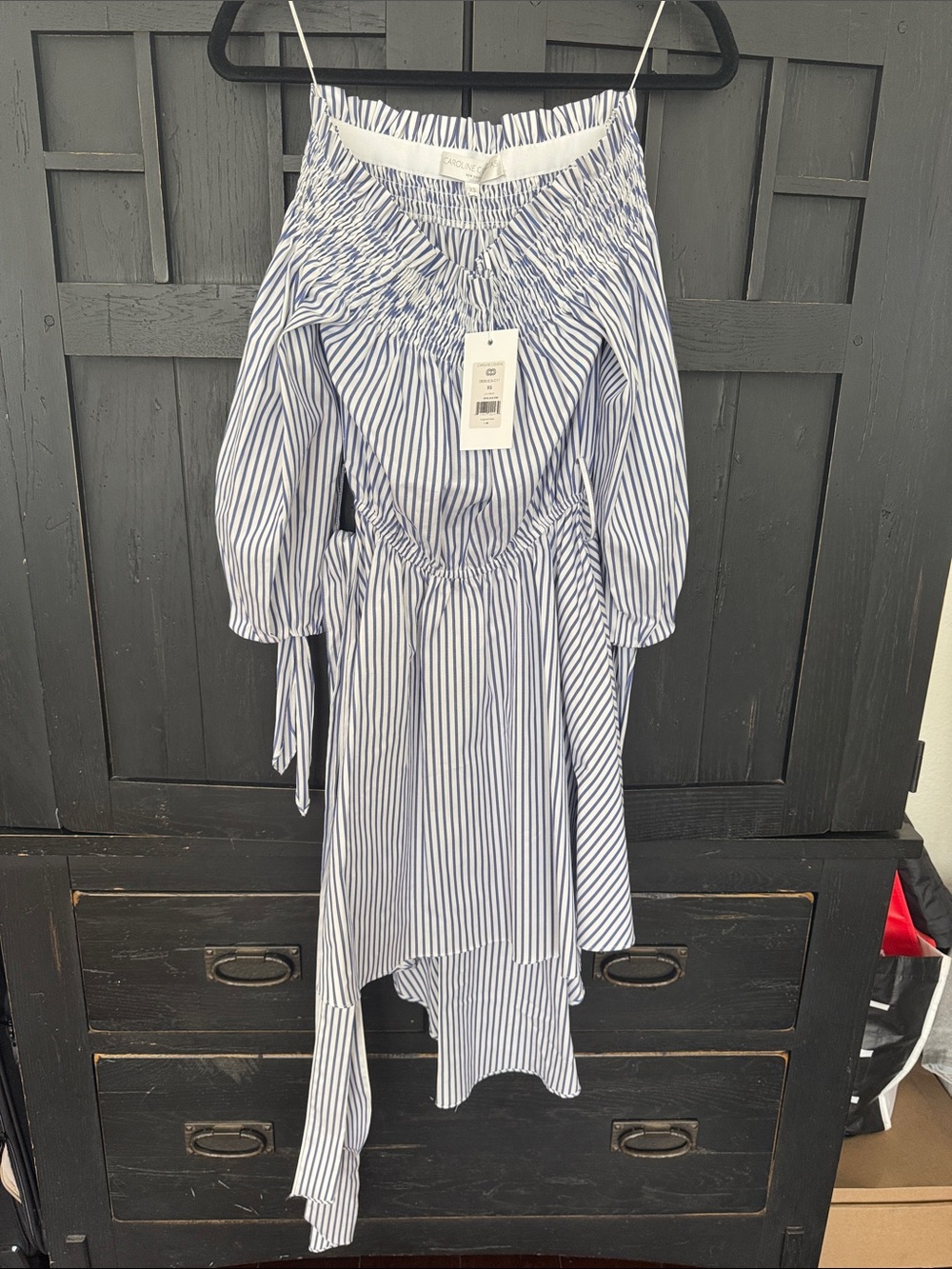 Caroline Constas Striped Off-Shoulder Blue & White Dress High Low XS